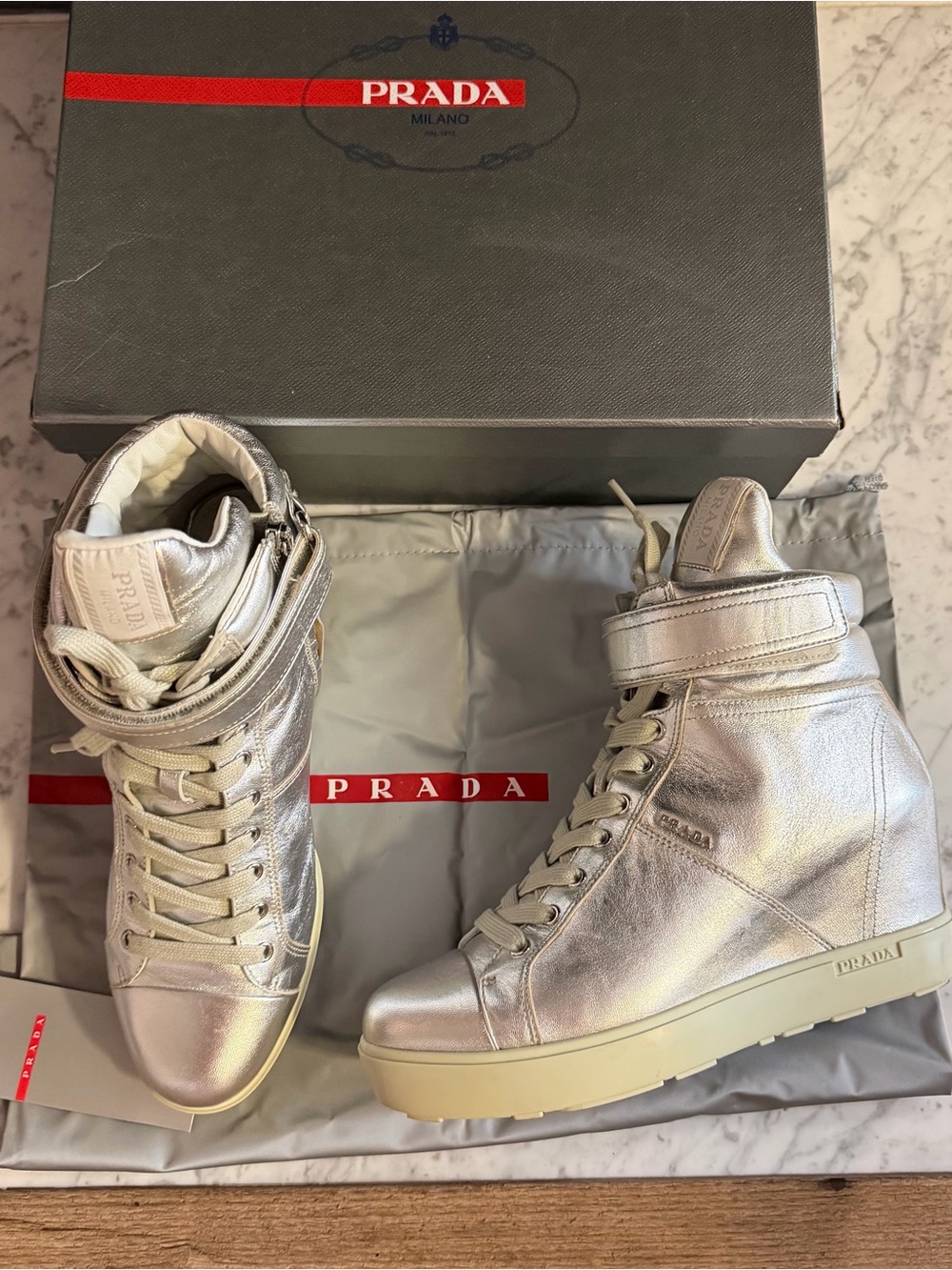 Prada Authentic Silver Metallic Leather Wedge Sneaker Size 39 2010s Era